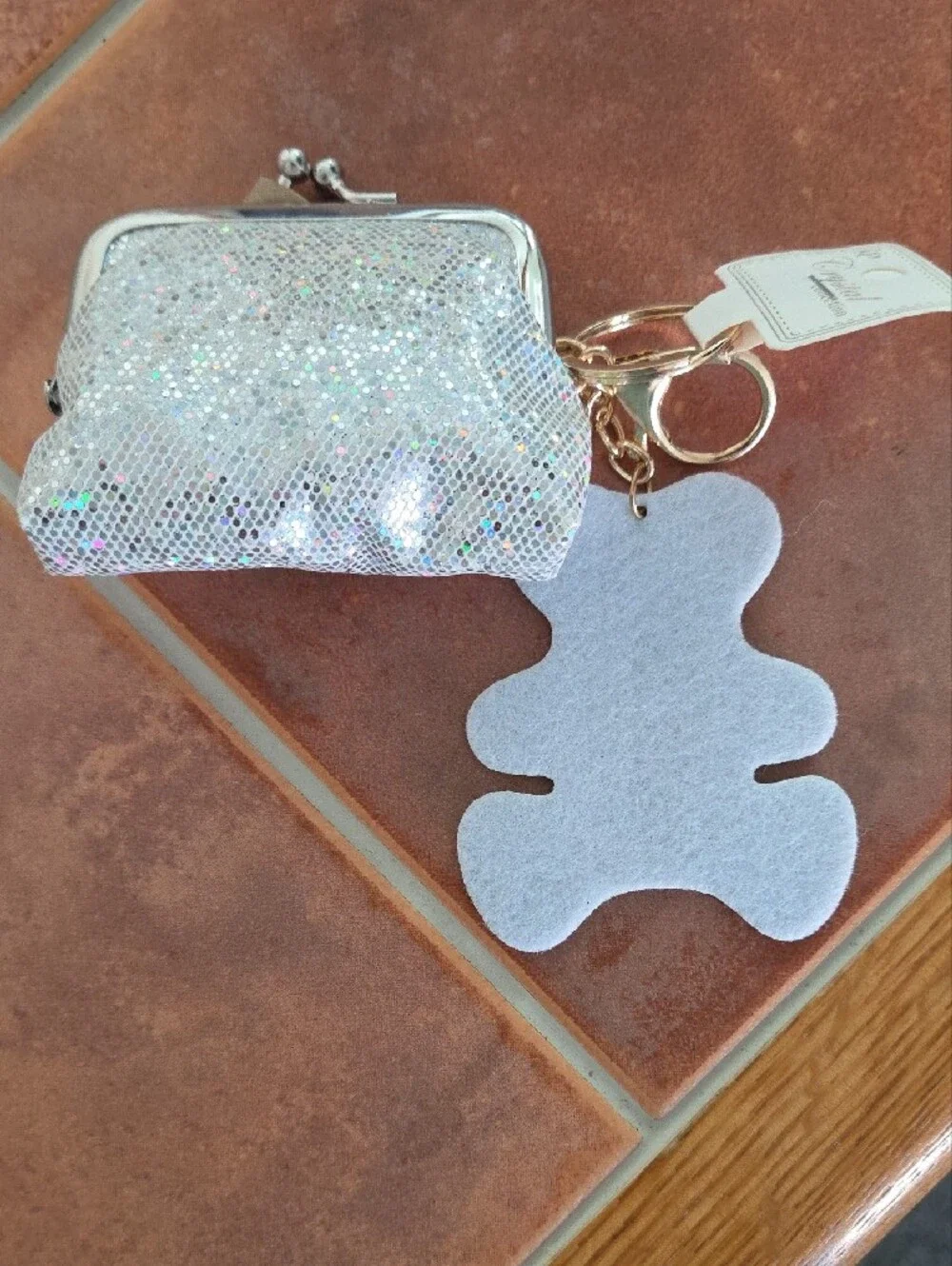 Sparkling Silver Rhinestone Bear Keychain with Glitter Coin Pouch